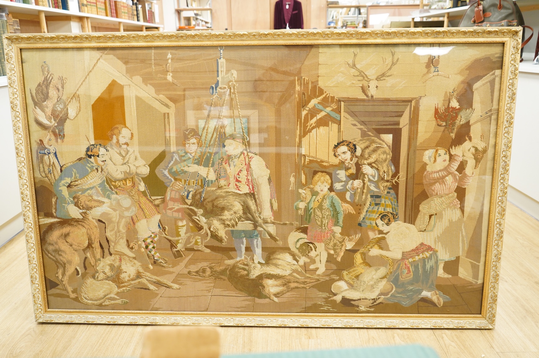 A late 19th century Berlin wool work, 'The Weighing of the deer', after John Frederick Taylor, sewn by a various female family members of the Nairns family of Fife.
